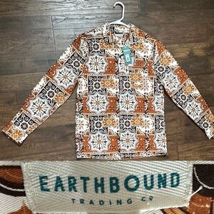 Earthbound Trading Company Boundless Geometric Shirt in Brown Cream NWT S 70’s